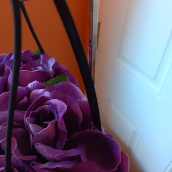 Women's Black  Bucket Bag with Purple Fabric Flowers on Top - Picture 3 of 14